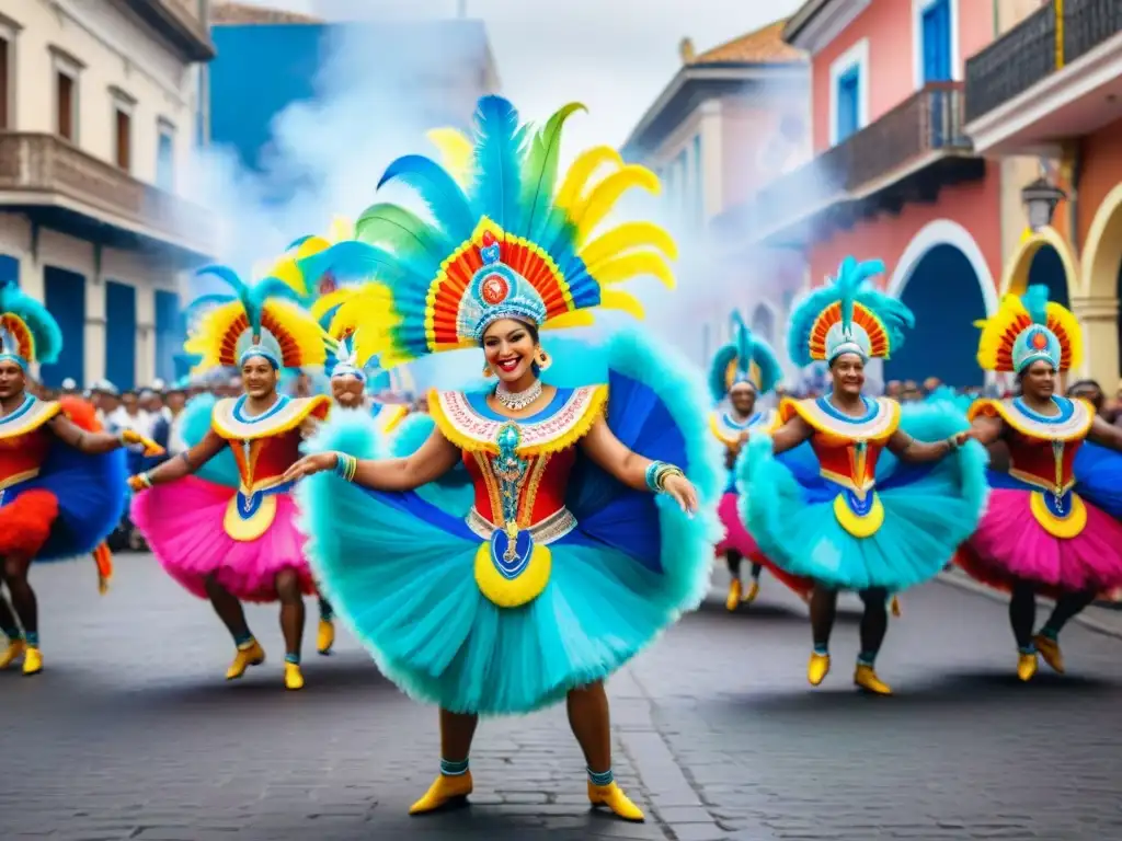 Vibrante comparsa del Carnaval Uruguayo con danzantes y arquitectura colonial