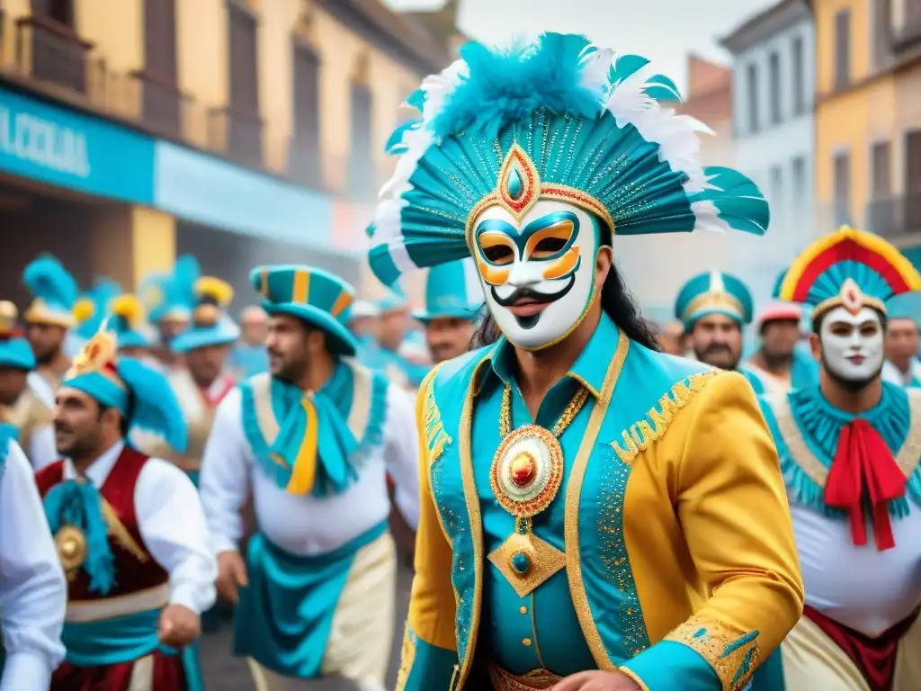 Vibrante comparsa en el Carnaval Uruguayo con trajes coloridos y arquitectura tradicional