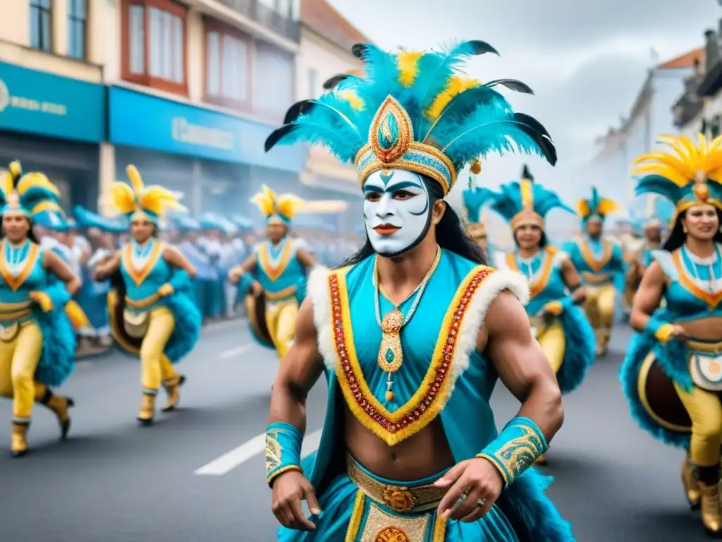 Vibrante comparsa del Carnaval Uruguayo con bailarines, músicos y espectadores