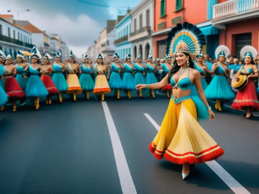 Vibrante comparsa del Carnaval Uruguayo: danzas, músicos y espectadores celebran juntos, reflejando la transformación cultural