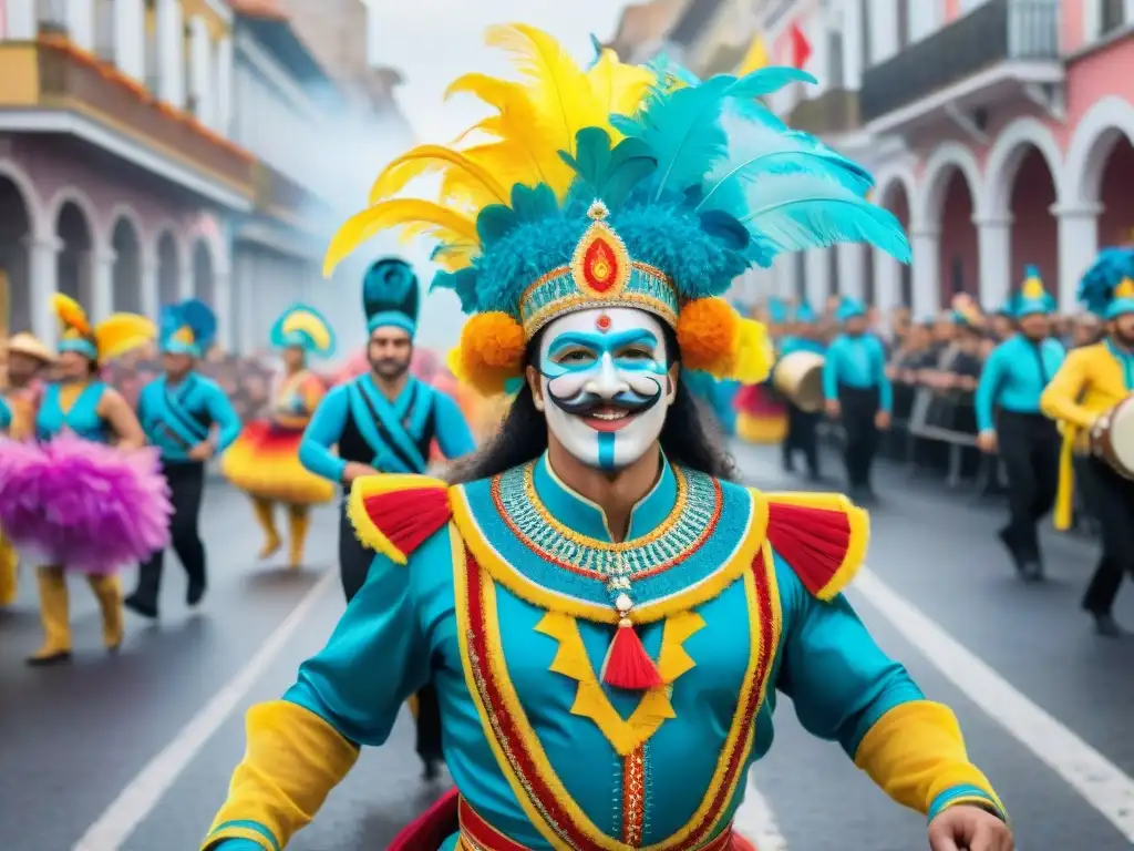 Una vibrante comparsa del Carnaval Uruguayo con trajes coloridos y danzas energéticas, capturando la historia comparsas Carnaval Uruguayo