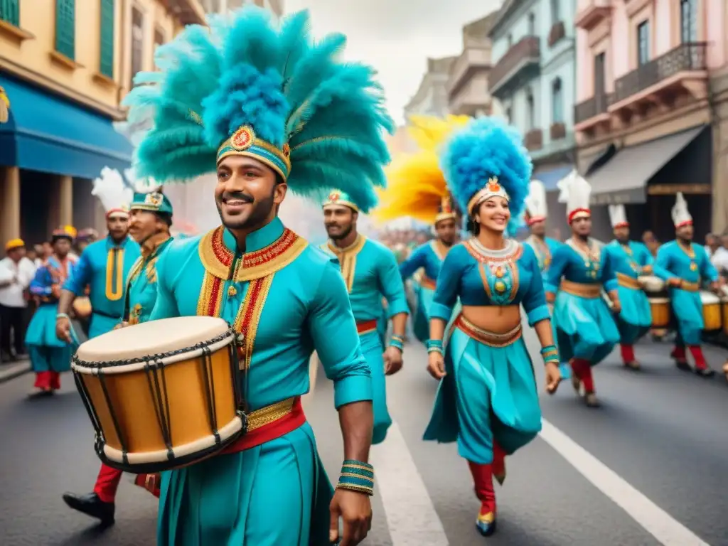 Una vibrante comparsa de tambores y bailarines en el Carnaval de Montevideo