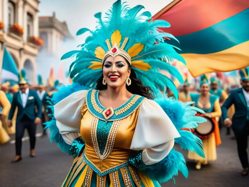 Una vibrante comparsa uruguaya en pleno Carnaval, con coloridos trajes y ritmo festivo