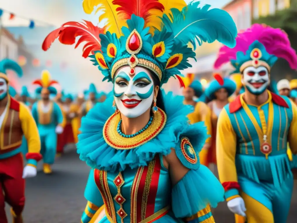 Vibrante promoción comparsas carnaval Uruguay: escena detallada del Carnaval en Uruguay con bailarines y carrozas coloridas