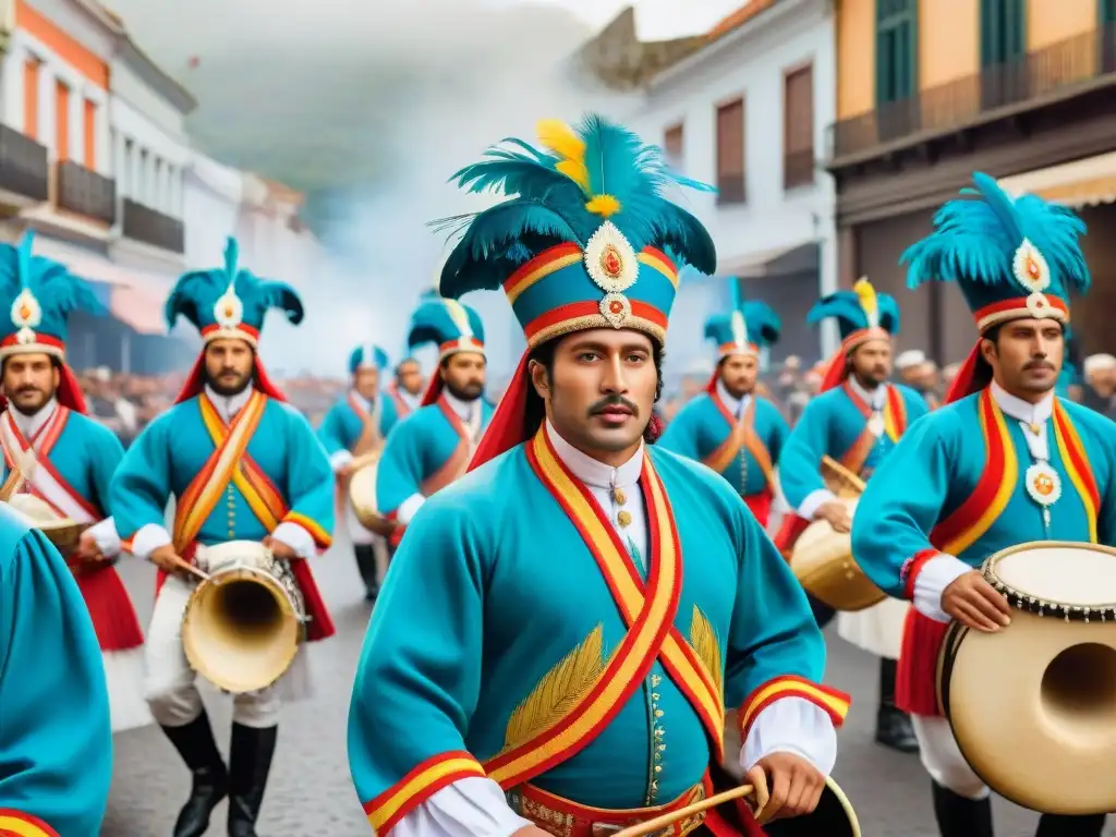 Una vibrante ilustración acuarela de la evolución de las comparsas uruguayas, con deslumbrantes trajes y coloridos instrumentos musicales