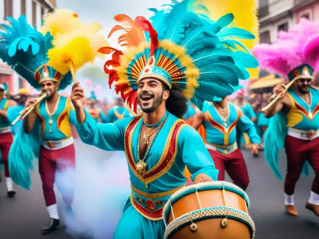 Una vibrante composición musical para Carnaval Uruguayo con músicos y bailarines coloridos, confeti y espectadores animados