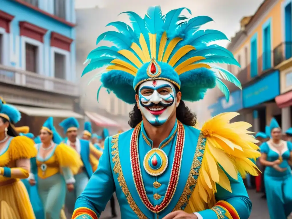 Un vibrante cuadro de acuarela del alegre desfile de carnaval en Uruguay, con carrozas coloridas, bailarines y espectadores entusiastas