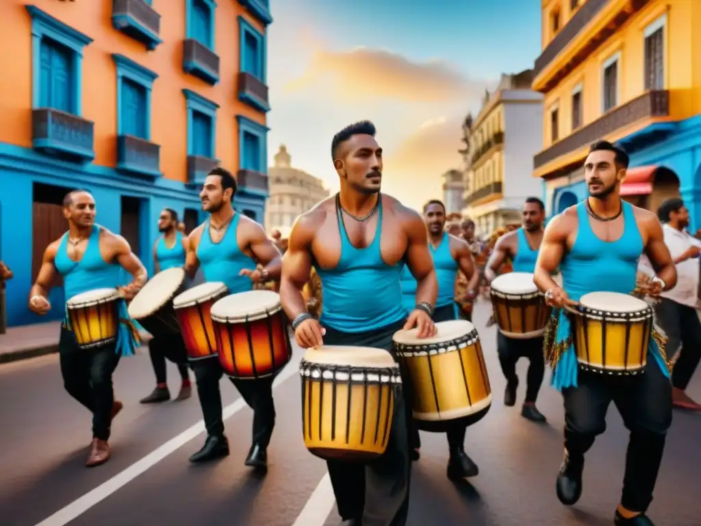 Un vibrante cuadro de acuarela que muestra un animado círculo de tambores de Candombe en Montevideo, Uruguay