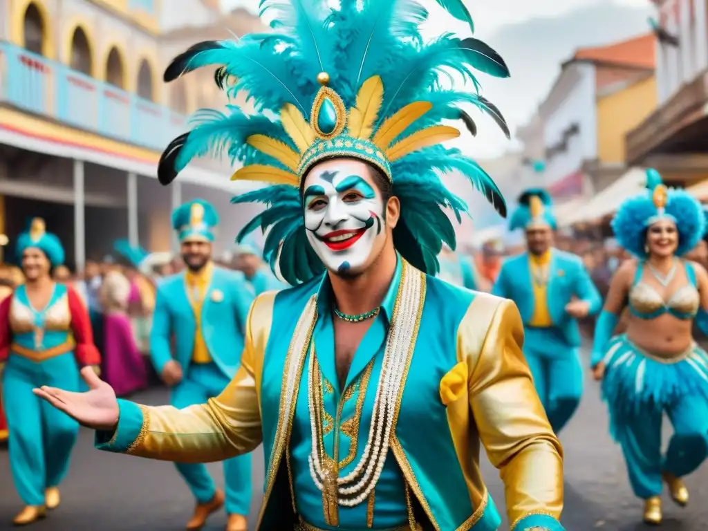 Un vibrante cuadro acuarela muestra a artistas carnavaleros uruguayos superando con pasión y color