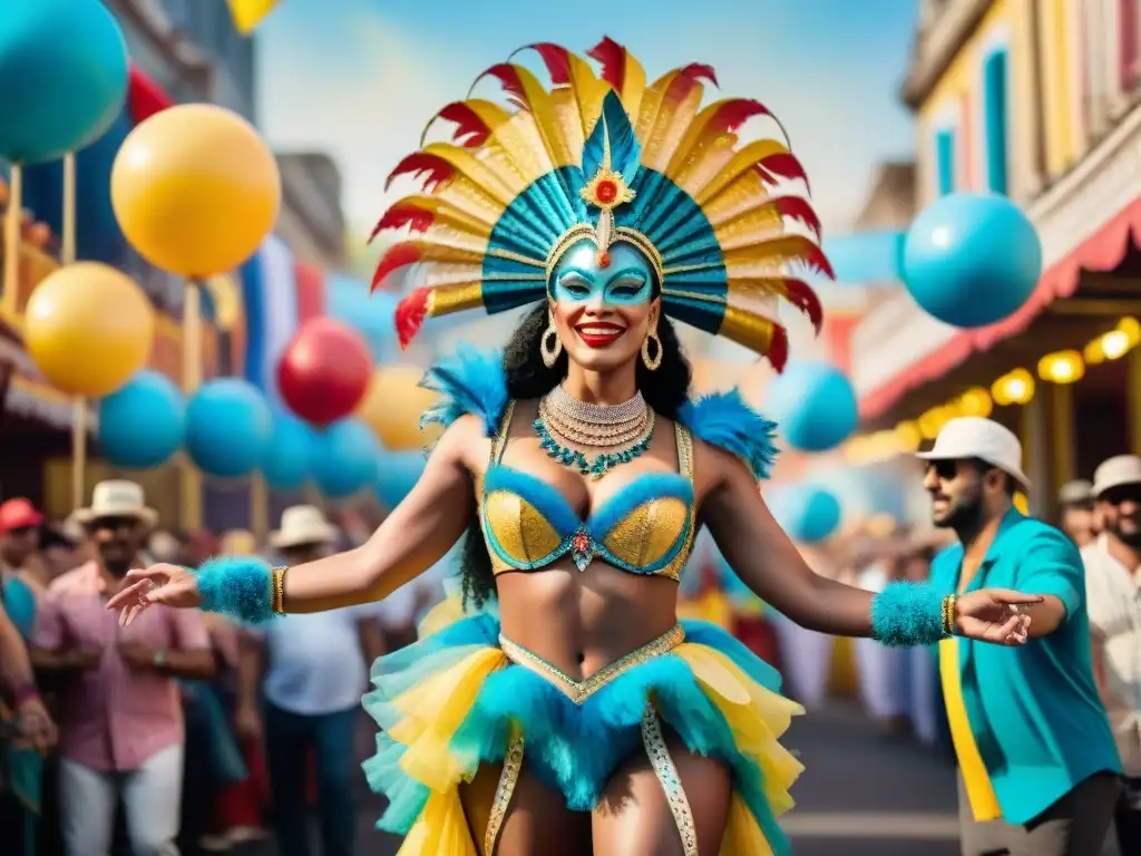 Un vibrante cuadro acuarela de artistas de carnaval de Uruguay, radiantes en trajes coloridos, bailando en desfile callejero