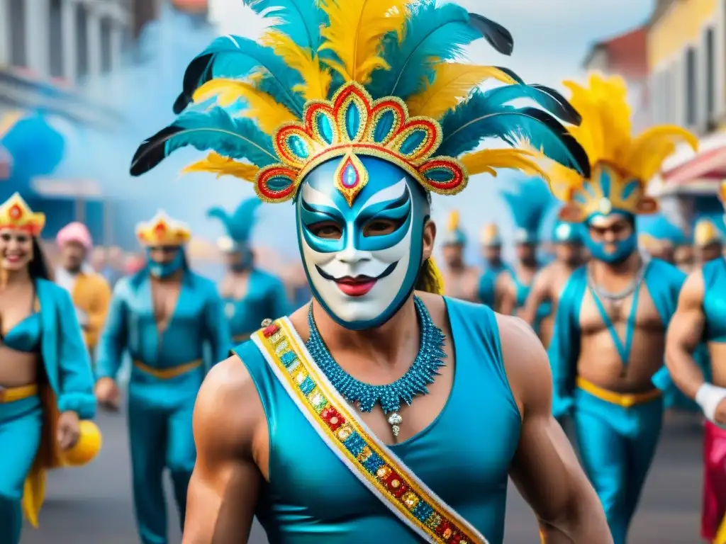 Un vibrante cuadro de acuarela de artistas carnavaleros uruguayos mostrando superación en un desfile festivo