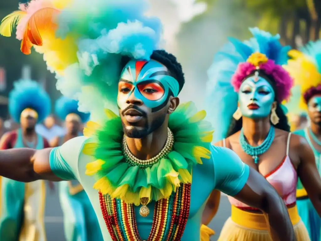 Un vibrante cuadro acuarela muestra artistas de carnaval practicando técnicas de respiración