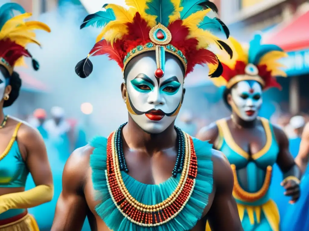 Un vibrante cuadro de acuarela retratando artistas de carnaval mejorando rendimiento técnica respiración Carnaval