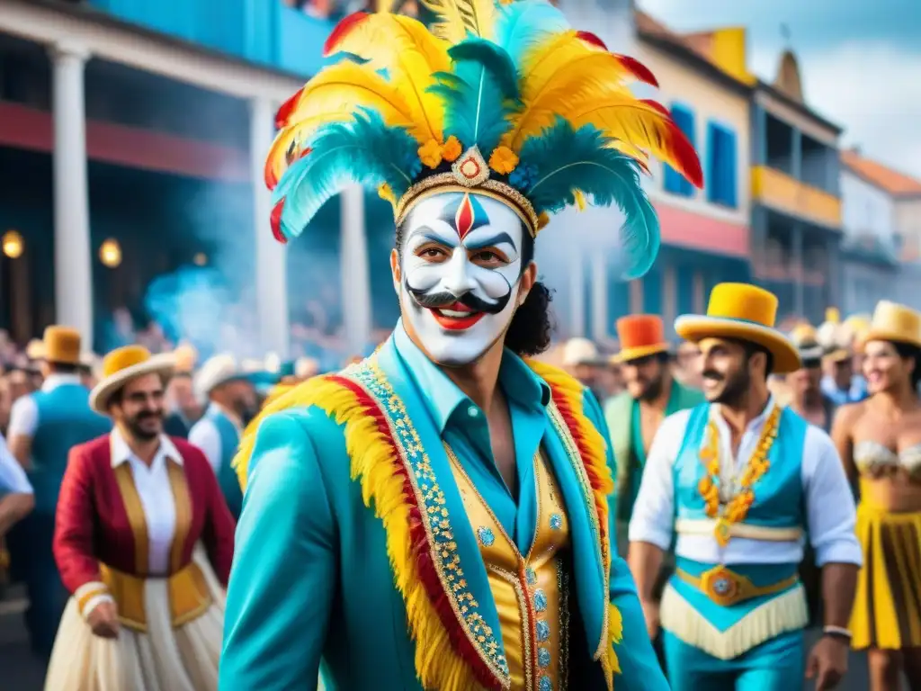 Un vibrante cuadro de acuarela que muestra a artistas de carnaval danzando en Uruguay