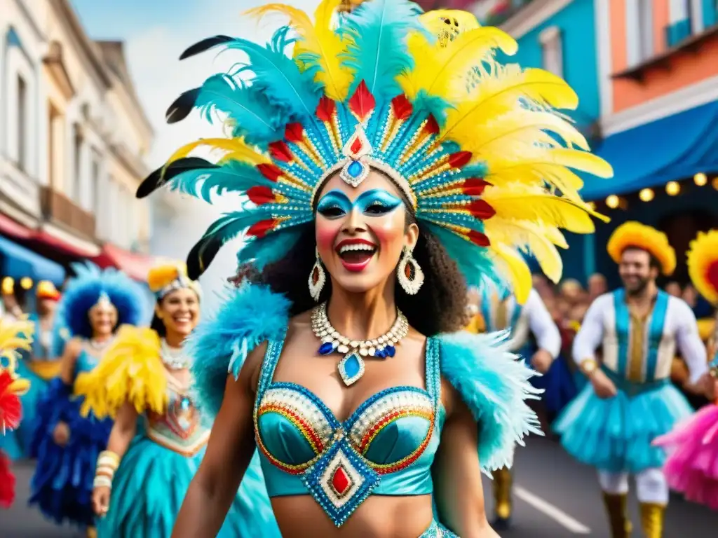 Un vibrante cuadro acuarela de bailarines de carnaval uruguayo con trajes elaborados y colores brillantes, capturando la energía y pasión del evento