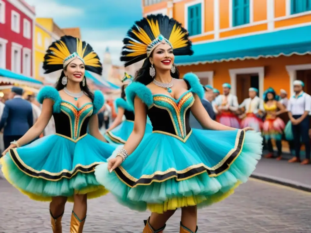 Un vibrante cuadro de acuarela de bailarines de carnaval en Uruguay, al ritmo de la música tradicional