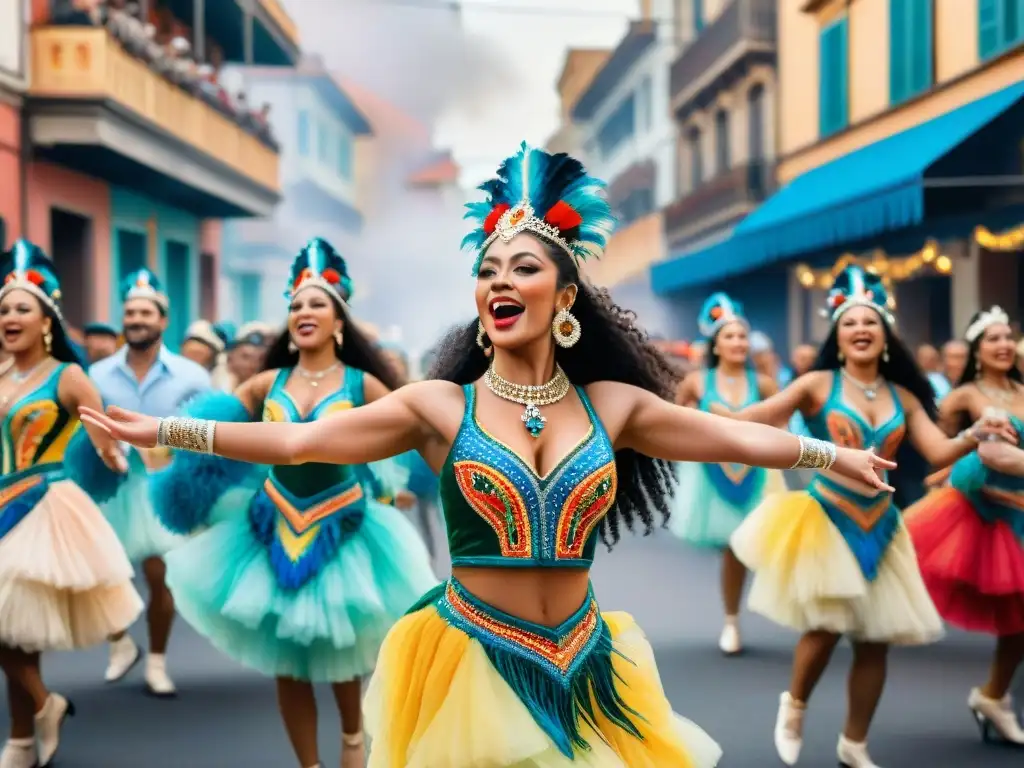 Un vibrante cuadro acuarela de bailarines en trajes tradicionales del Carnaval Uruguayo