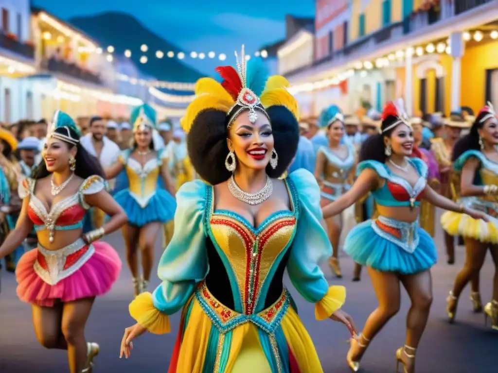 Un vibrante cuadro acuarela de bailarines de carnaval en trajes coloridos detallados, reflejando la herencia cultural de Uruguay