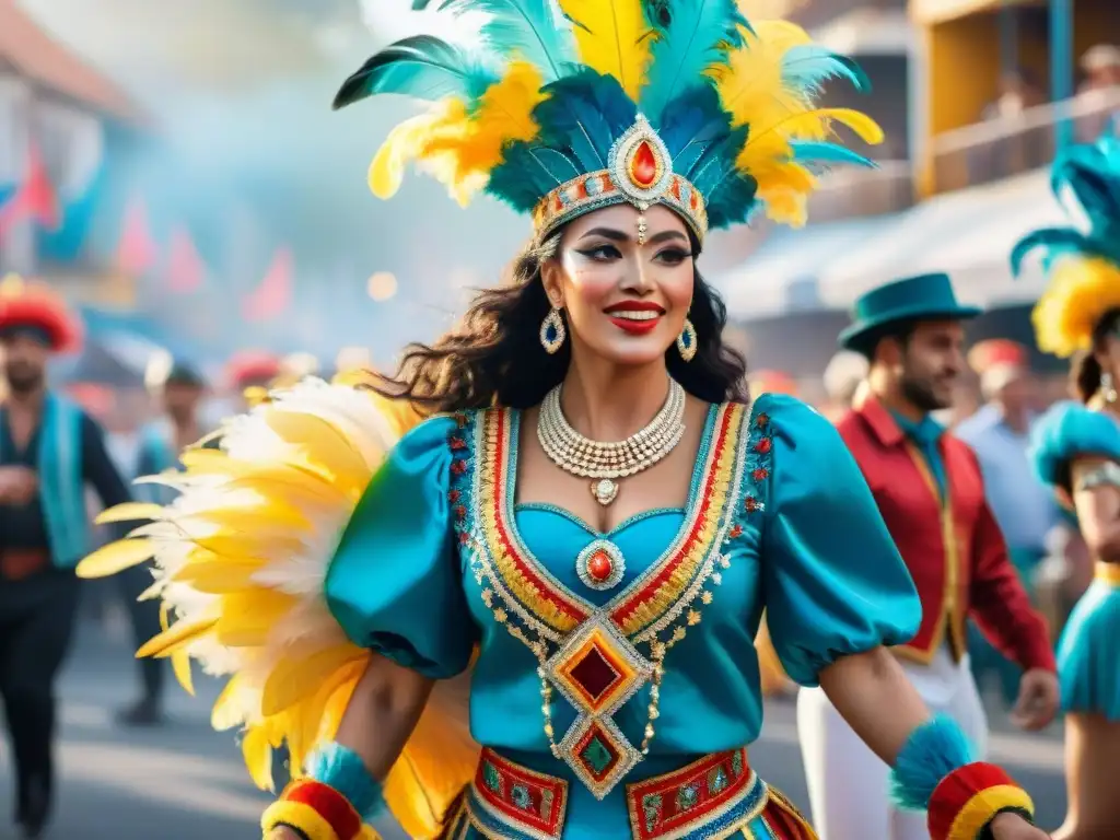 Un vibrante cuadro de acuarela con bailarines de carnaval uruguayo en trajes coloridos y detallados