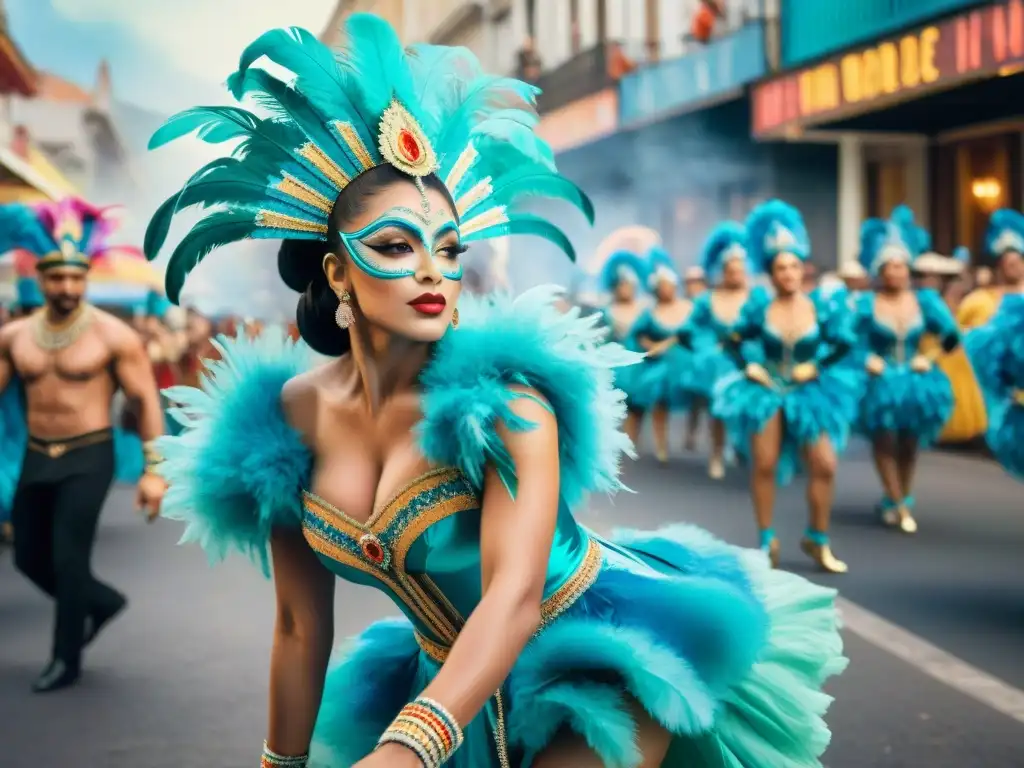 Un vibrante cuadro acuarela de bailarines de carnaval en Uruguay, con trajes ornamentados y diseño único