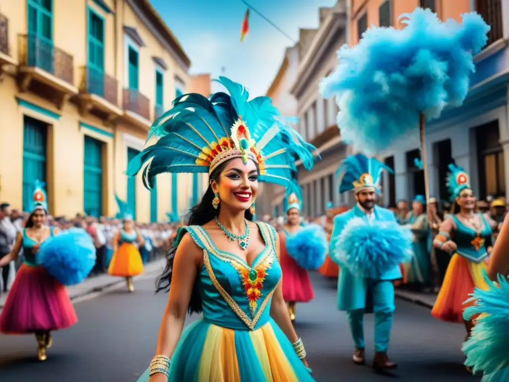 Un vibrante cuadro acuarela retrata bailarines coloridos en trajes de Carnaval Uruguayo, preservando herencia cultural