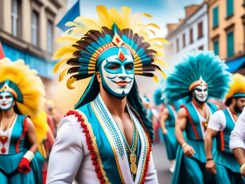 Un vibrante cuadro acuarela de bailarines de carnaval uruguayo en LinkedIn, con trajes tradicionales y alegría contagiosa