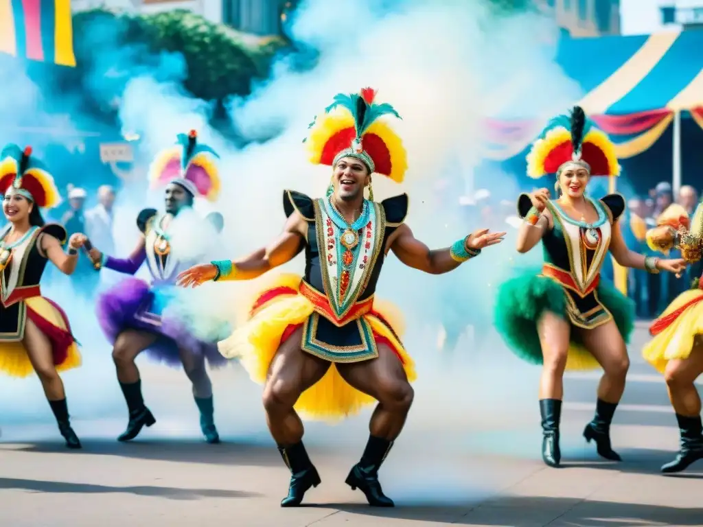 Un vibrante cuadro acuarela de bailarines de carnaval uruguayo, capturando la esencia festiva