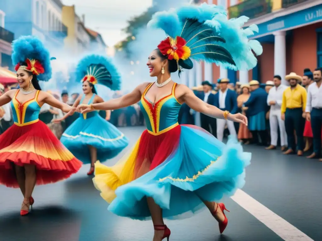 Un vibrante cuadro acuarela de bailarines uruguayos en un desfile de carnaval