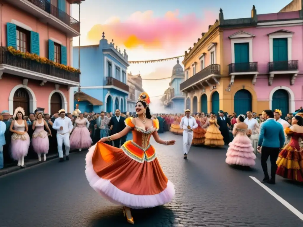 Un vibrante cuadro de acuarela que representa la bulliciosa escena callejera durante el Carnaval en Uruguay