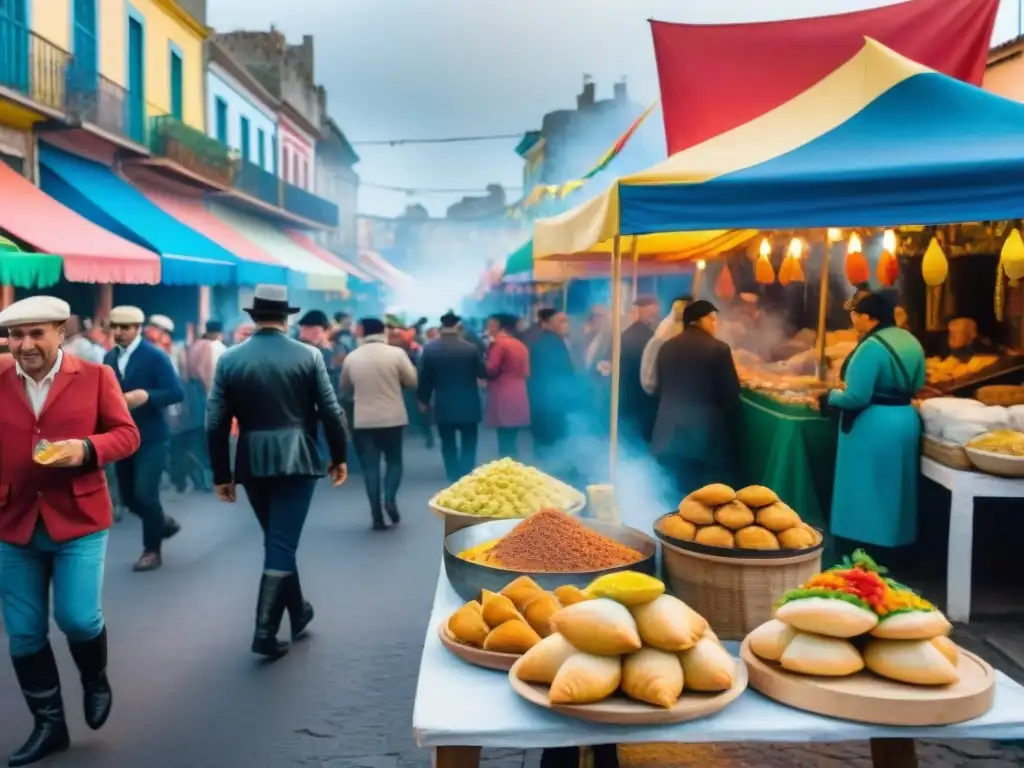 Un vibrante cuadro de acuarela que muestra la bulliciosa oferta gastronómica del Carnaval Uruguayo