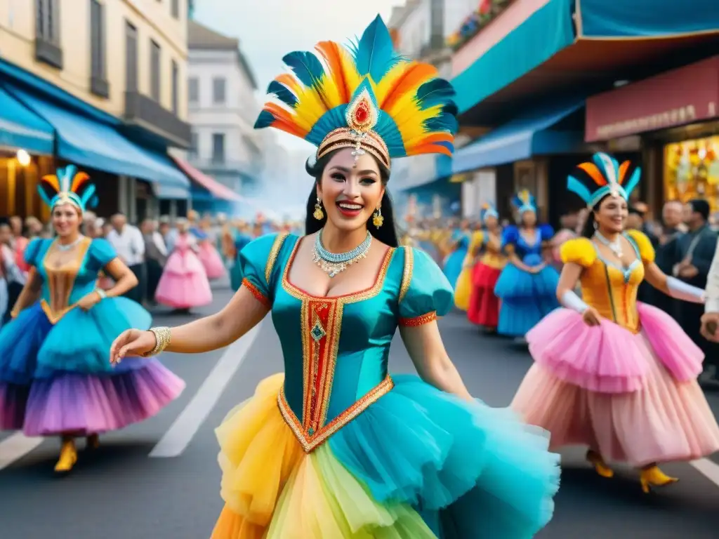 Un vibrante cuadro de acuarela mostrando una bulliciosa calle de Montevideo, Uruguay durante la temporada de Carnaval