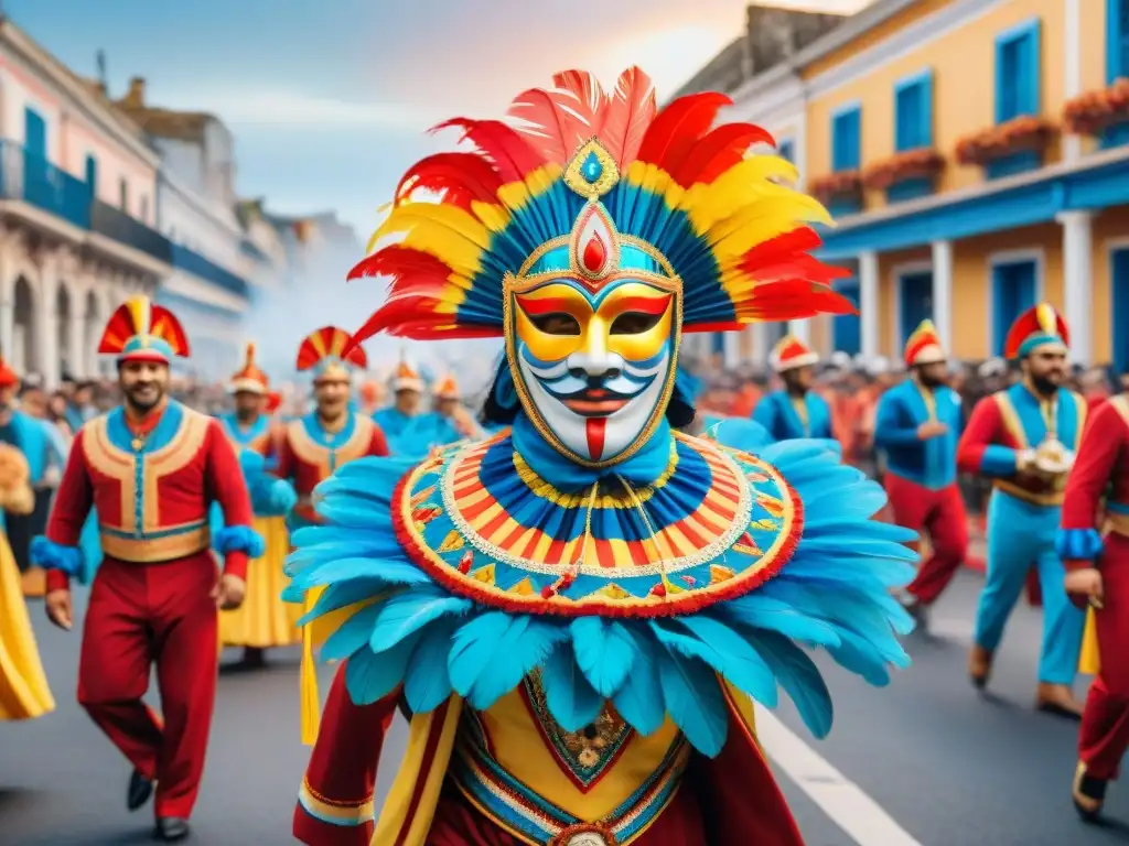 Un vibrante cuadro de acuarela que muestra una bulliciosa escena callejera durante el Carnaval Uruguayo