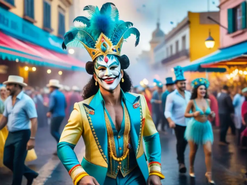 Un vibrante cuadro de acuarela que muestra las bulliciosas calles de Montevideo durante el colorido y animado Carnaval Uruguayo