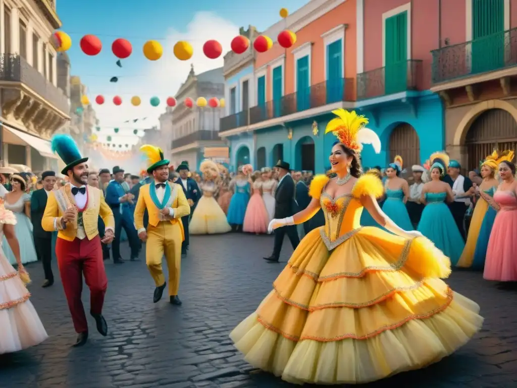 Un vibrante cuadro acuarela del bullicioso Carnaval Uruguayo siglo XX, lleno de coloridos trajes tradicionales y música alegre