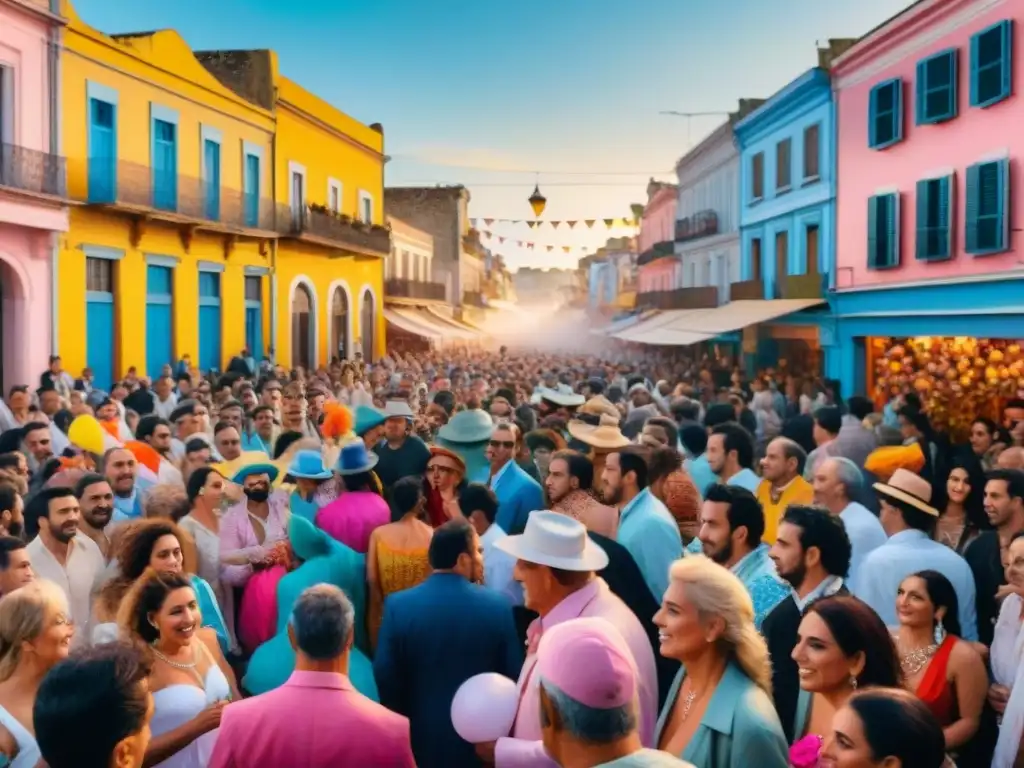 Un vibrante cuadro de acuarela que retrata el bullicioso carnaval en Uruguay, en honor al legado de Cacho de la Cruz