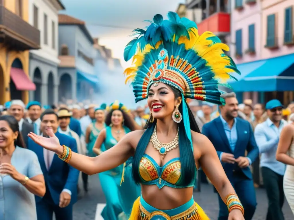 Un vibrante cuadro de acuarela que retrata el bullicioso Carnaval en Uruguay