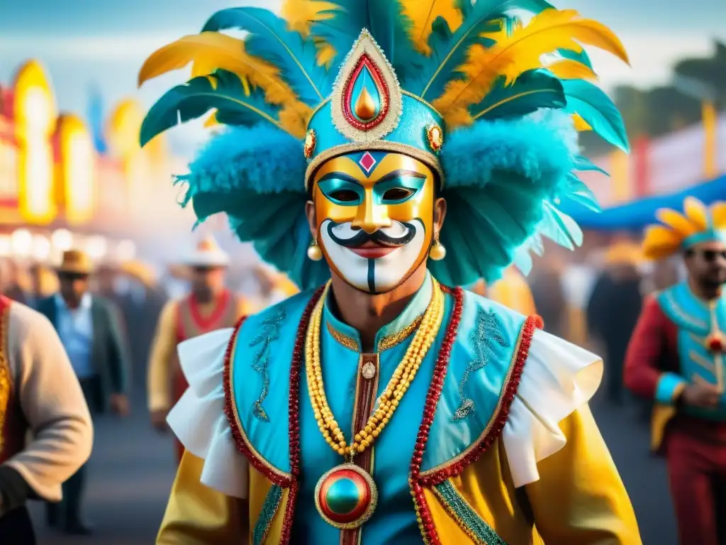 Un vibrante cuadro de acuarela que representa un bullicioso desfile de Carnaval en Uruguay, fusionando tradición y modernidad