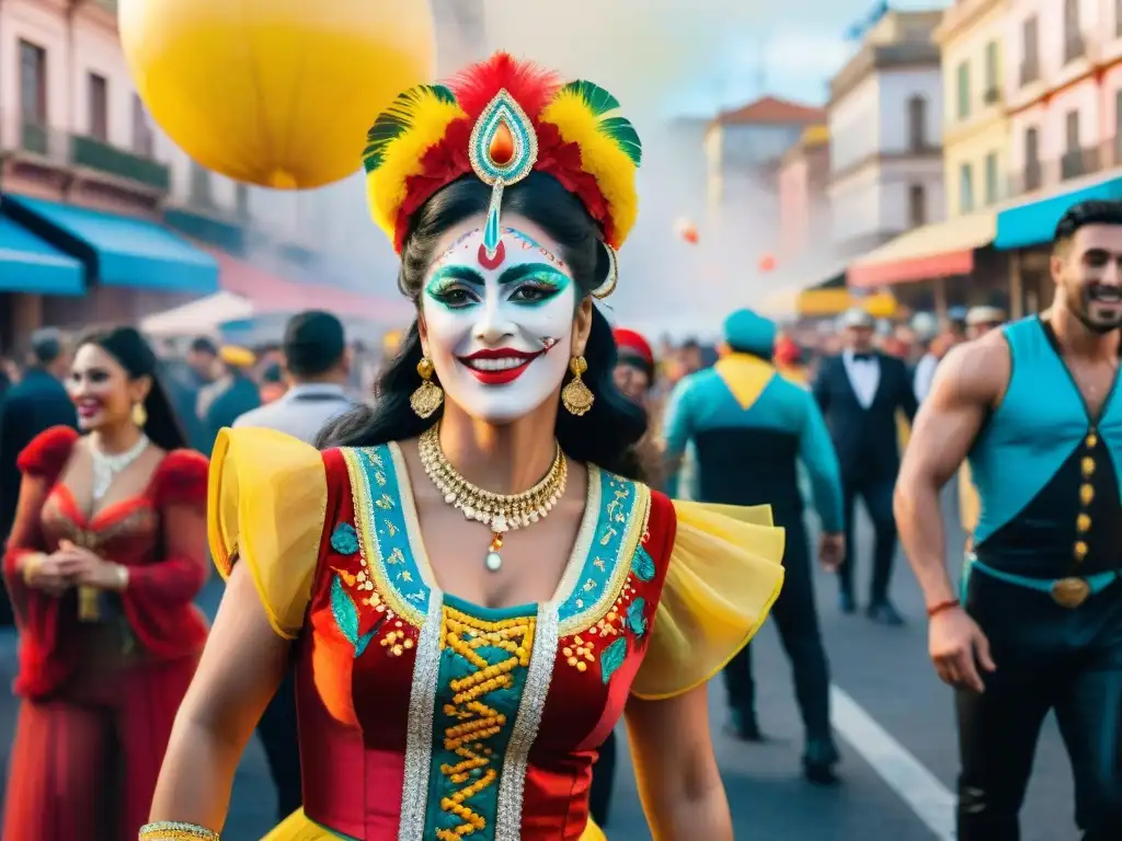 Un vibrante cuadro acuarela del bullicioso Carnaval Uruguayo en las calles de Montevideo, ciudad transformada por la celebración