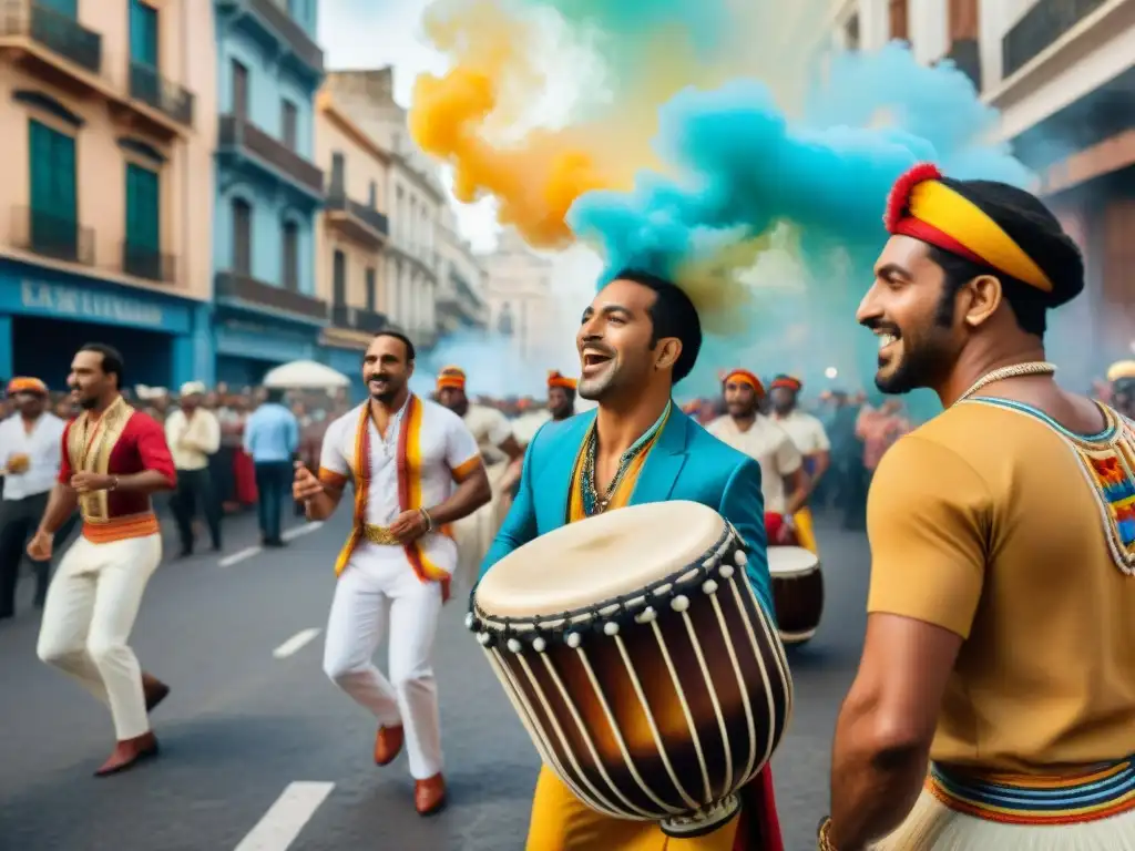 Un vibrante cuadro de acuarela que retrata el Candombe uruguayo, historia y tamboril en un desfile callejero en Montevideo