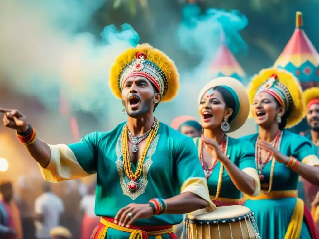 Un vibrante cuadro de acuarela de cantantes de murga en trajes coloridos, con técnicas vocales para murga, en un escenario de carnaval