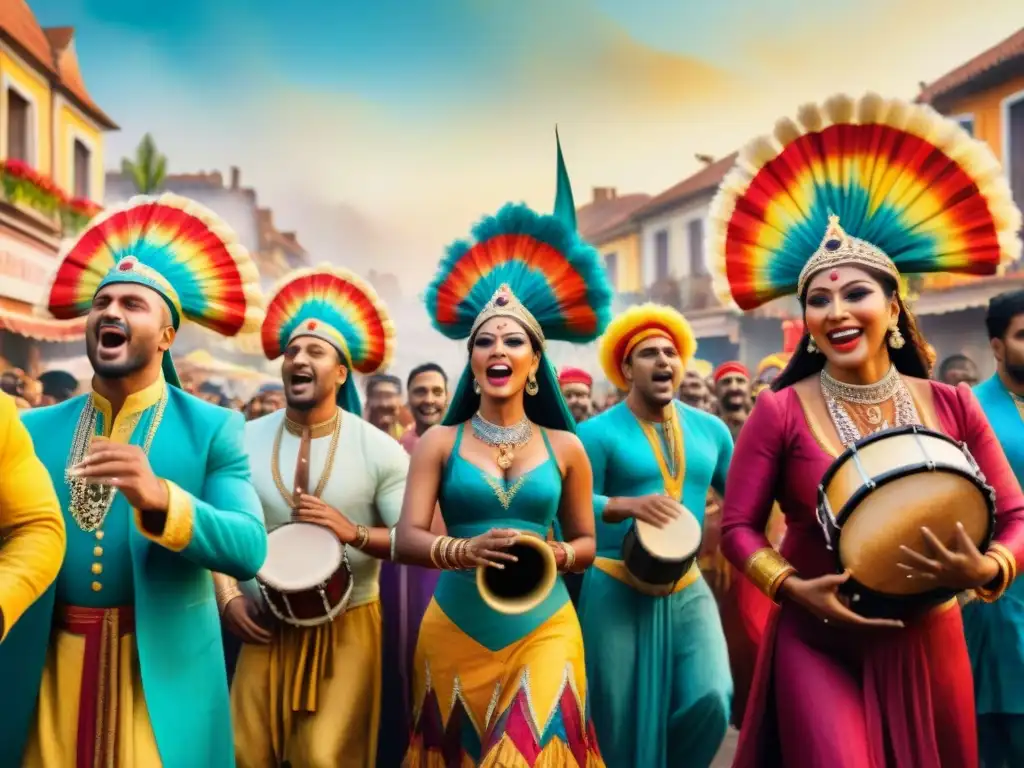 Un vibrante cuadro acuarela de cantantes de murga en pleno festival, demostrando técnicas vocales para murga