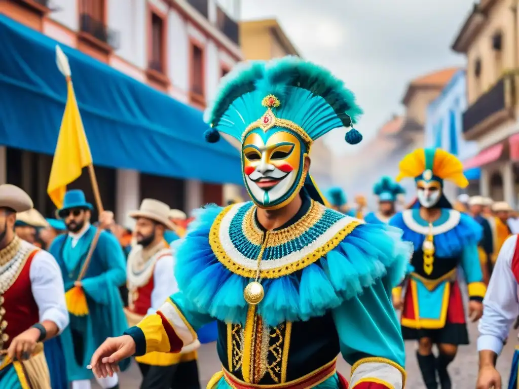 Un vibrante cuadro de acuarela que retrata el Carnaval Uruguayo, con personajes alegres y coloridos en desfile por las calles