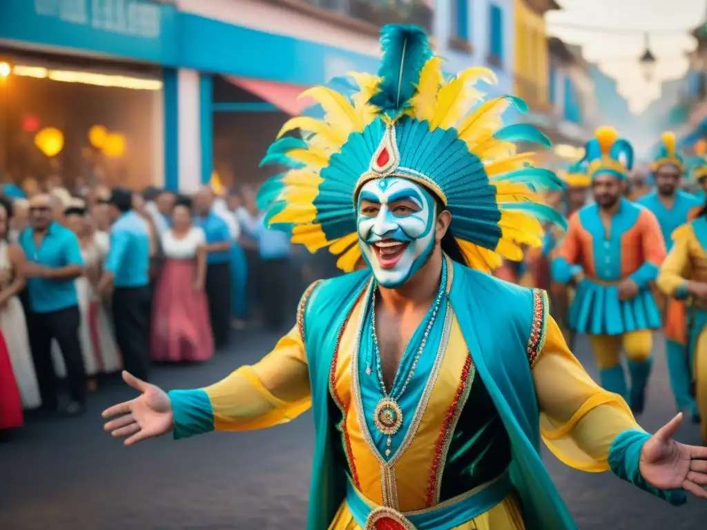 Un vibrante cuadro de acuarela capturando el Carnaval Uruguayo, con artistas en trajes elaborados bailando entre la multitud