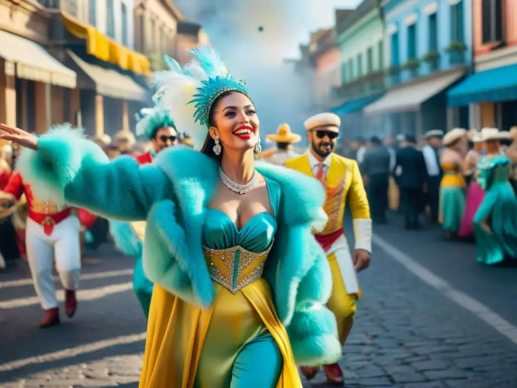 Un vibrante cuadro de acuarela del Carnaval Uruguayo, con coloridos trajes, música y baile, capturando la alegría y la festividad del evento