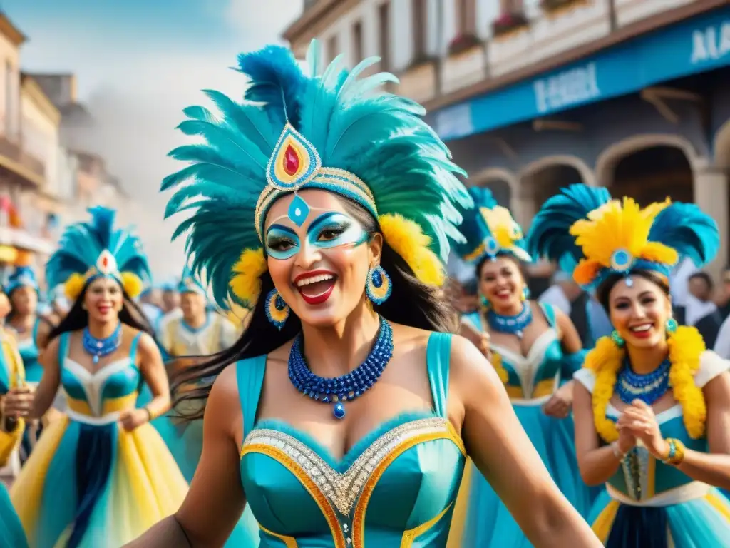 Un vibrante cuadro acuarela del Carnaval Uruguayo con mujeres empoderadas bailando