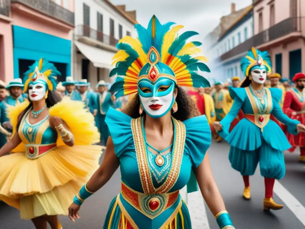 Un vibrante cuadro de acuarela que muestra el Carnaval de Uruguay con danzas, música y espectadores