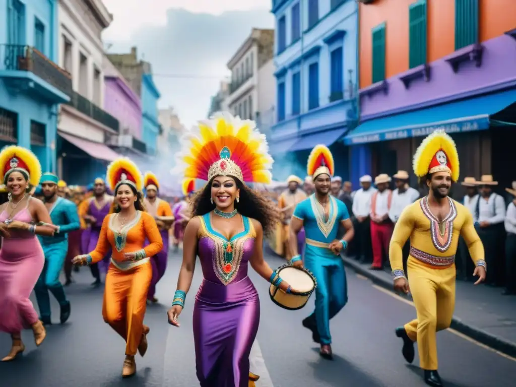 Un vibrante cuadro acuarela del Carnaval Uruguayo en Montevideo