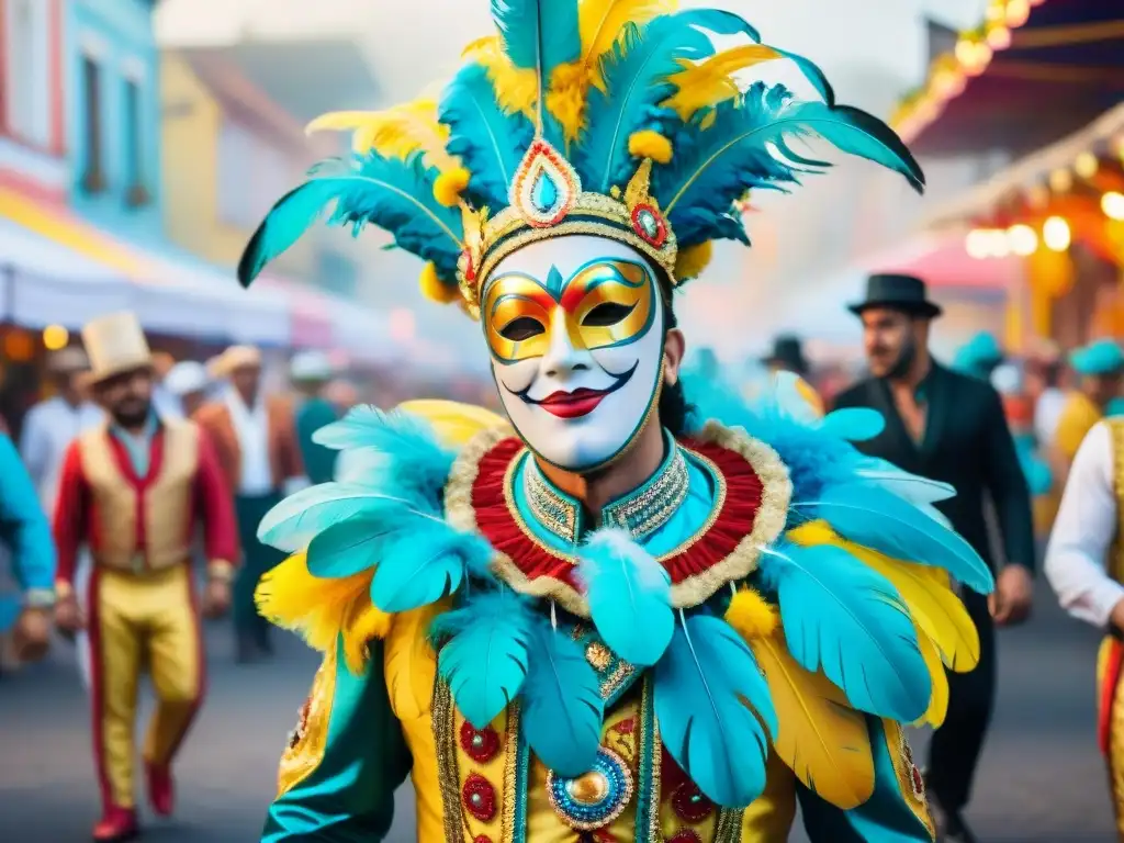 Un vibrante cuadro en acuarela del Carnaval Uruguayo con bailarines coloridos en un desfile callejero, rodeados de un mercado internacional