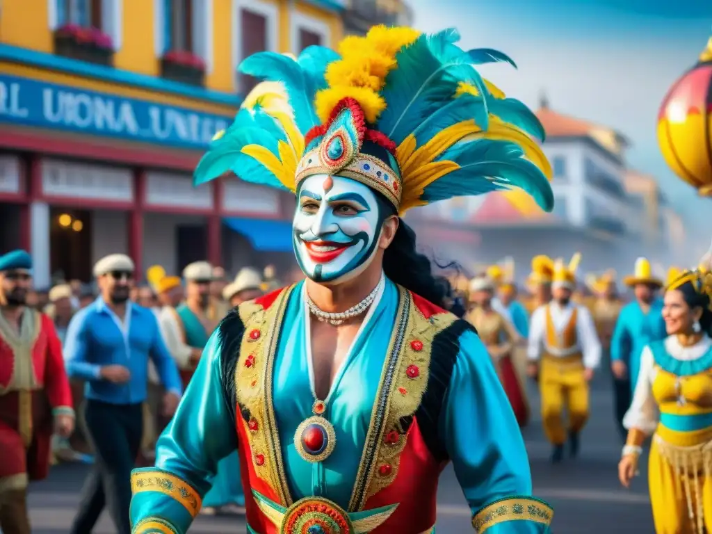 Un vibrante cuadro de acuarela del Carnaval Uruguayo, con deslumbrantes carrozas y bailarines, turismo internacional