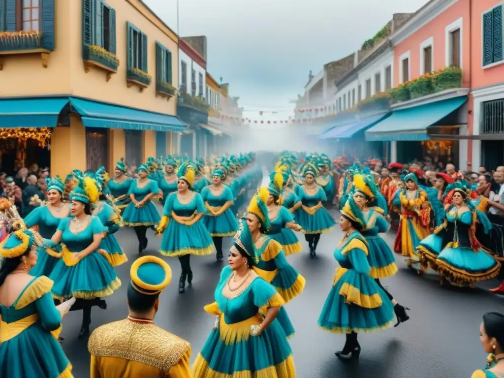 Un vibrante cuadro acuarela del Carnaval Uruguayo, con carrozas coloridas, bailarines y espectadores disfrutando la festividad